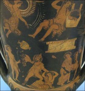 Dionysus (left) watches on as King Lykourgos of Thrake attacking his wife (center). The winged daimon Lyssa hovers above. 